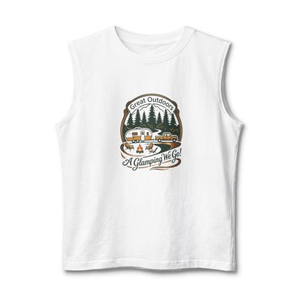 Glamping Adventure Muscle Tank — "A Glamping We Go!" Camper & Campfire Outdoor Tank Top